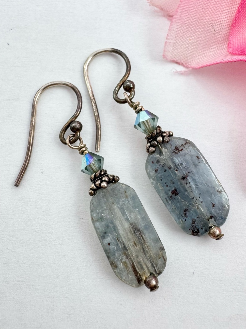Kyanite Gemstone And Silver Dangle Earrings Bicone Bead Accent Boho Festival